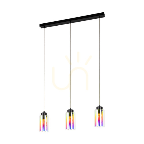 Check Meno Pendant Light, 3xE27, Max. 60W, Black Metal/Transparent PVC Cable/Multicolored Glass Shade, 54 cm