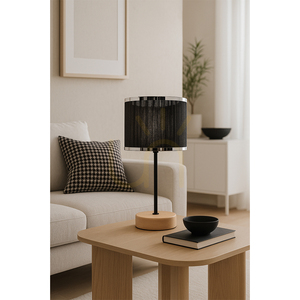 Mila Table Lamp, 1xE27, Max. 25W, Birch/Black Metal/Black PVC Cable/Black-Chrome Lampshade, Ø14 cm small 1