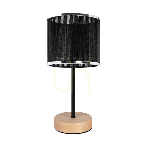 Check Mila Table Lamp, 1xE27, Max. 25W, Birch/Black Metal/Black PVC Cable/Black-Chrome Lampshade, Ø14 cm