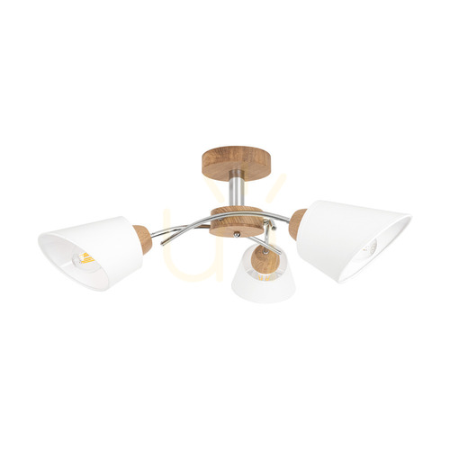 Check Mette Wood Ceiling Light, 3xE27, Max. 40W, Oiled Oak/Chrome Metal/White Lampshade, Ø70 cm