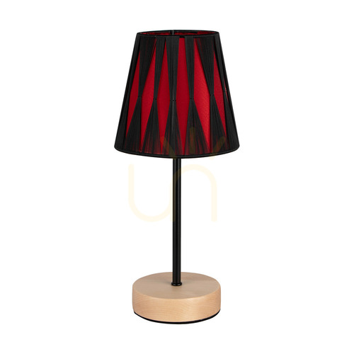 Check Mila Wood Table Lamp, 1xE14, Max. 40W, Birch/Black Metal/Black PVC Cable/Black and Red Lampshade, Ø14 cm