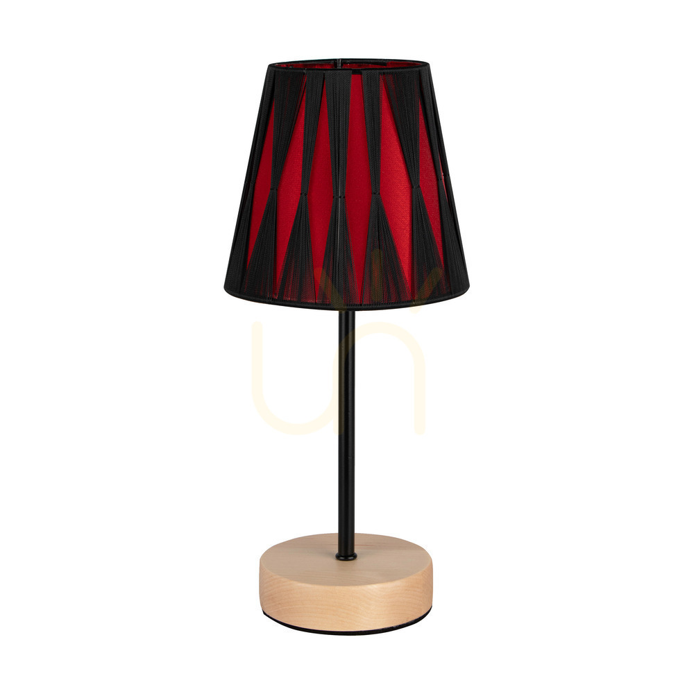 Mila Wood Table Lamp, 1xE14, Max. 40W, Birch/Black Metal/Black PVC Cable/Black and Red Lampshade, Ø14 cm