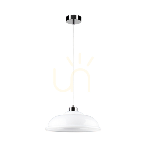 Check Molde Pendant Light, 1xE27, Max. 60W, Chrome Metal / Transparent PVC Cable / White Glass Shade, Ø34 cm