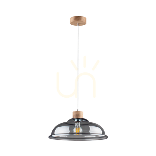 Check Molde Pendant Light, 1xE27, Max. 60W, Oiled Oak / Transparent PVC Cable / Smoked Glass Shade, Ø34 cm