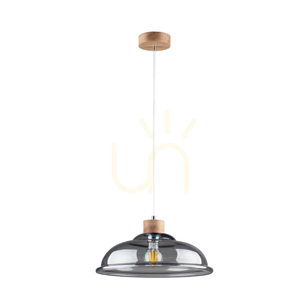 Molde Pendant Light, 1xE27, Max. 60W, Oiled Oak / Transparent PVC Cable / Smoked Glass Shade, Ø34 cm