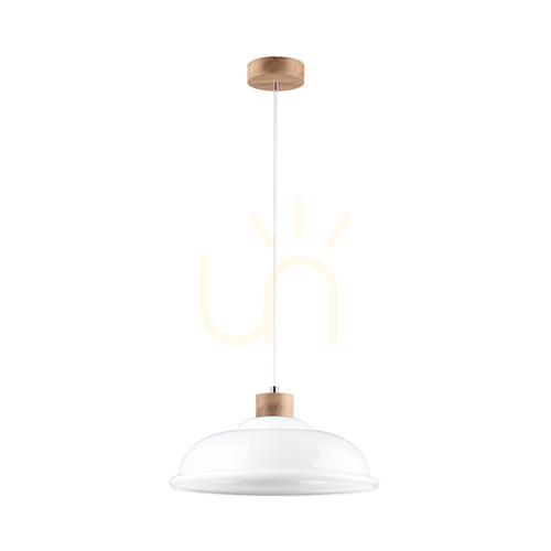 Check Molde Pendant Light, 1xE27, Max. 60W, Oiled Oak / Transparent PVC Cable / White Glass Shade, Ø34 cm