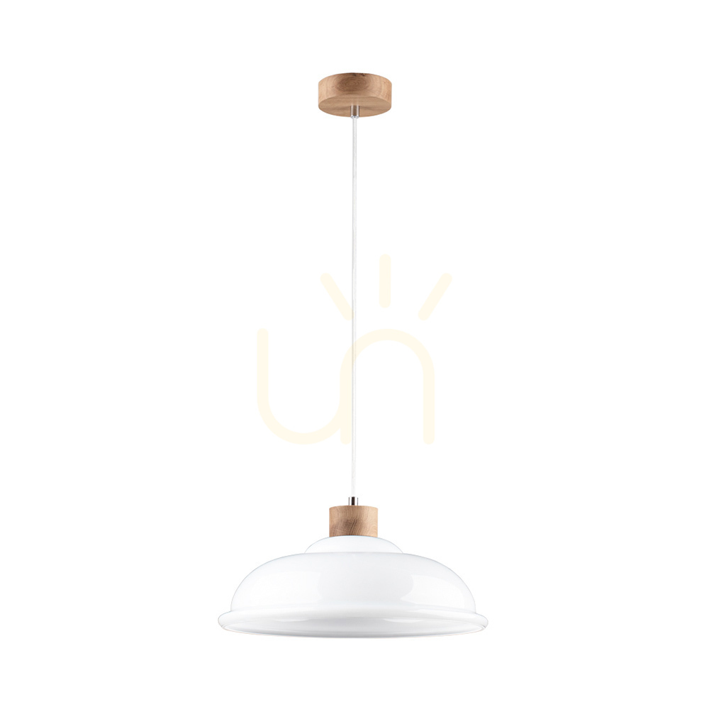 Molde Pendant Light, 1xE27, Max. 60W, Oiled Oak / Transparent PVC Cable / White Glass Shade, Ø34 cm