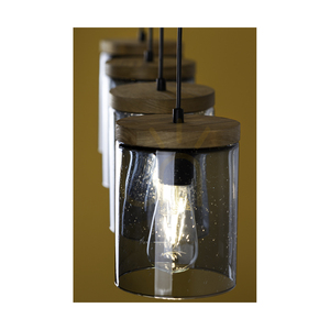 Monsun Pendant Light 4xE27 Max. 60W Brown-Stained Pine/Black PVC Cable/Smoked Glass Shade 100 cm small 4