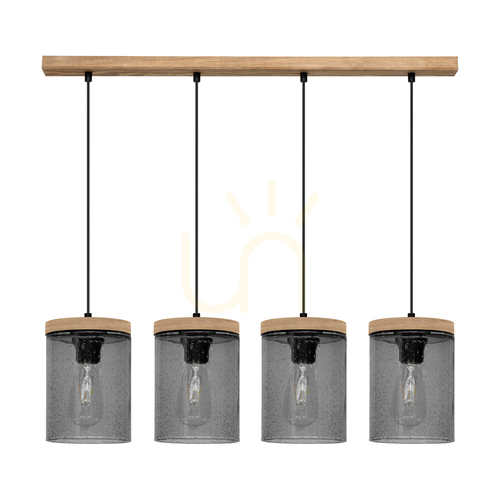 Check Monsun Pendant Light 4xE27 Max. 60W Brown-Stained Pine/Black PVC Cable/Smoked Glass Shade 100 cm