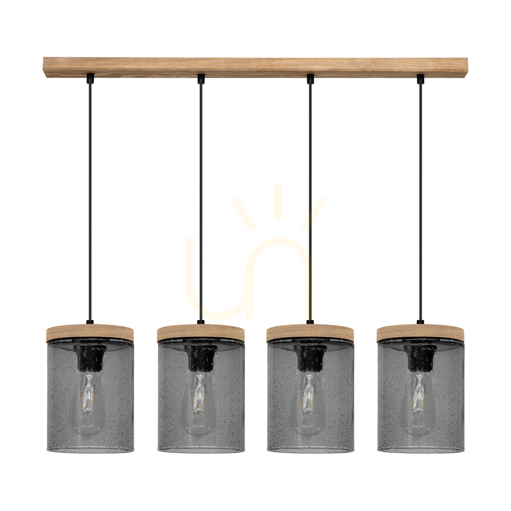 Monsun Pendant Light 4xE27 Max. 60W Brown-Stained Pine/Black PVC Cable/Smoked Glass Shade 100 cm