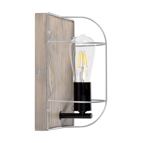 Check Netuno Wall Sconce 1xE27 Max. 15W LED, Gray-Stained Pine / Black Metal / Silver Metal, 15 cm Shade