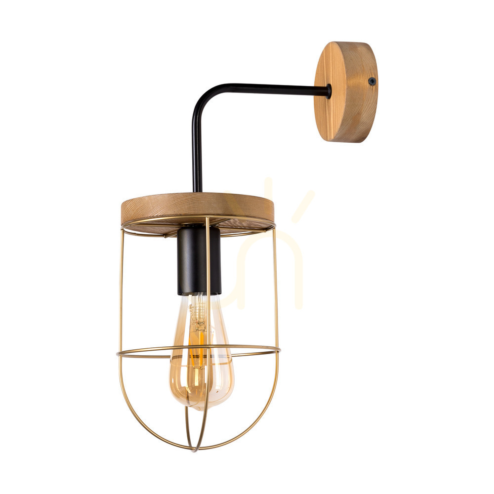 Netuno Wall Sconce, 1xE27, Max. 25W LED, Brown-Stained Pine / Black Metal / Gold Metal Shade, 25 cm