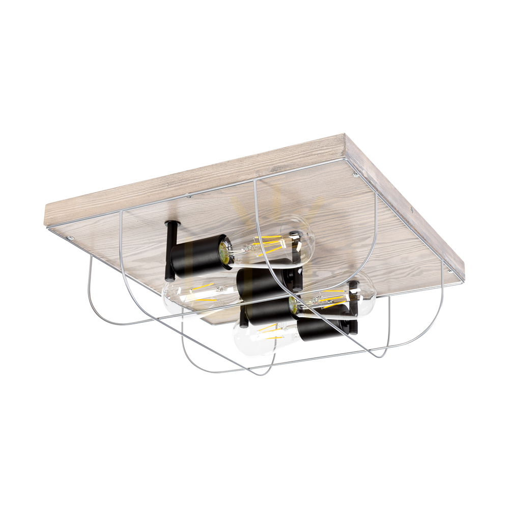 Netuno Ceiling Light, 4xE27, Max. 15W LED, Stained Pine, Gray/Black Metal, Silver Metal Shade, 40 cm