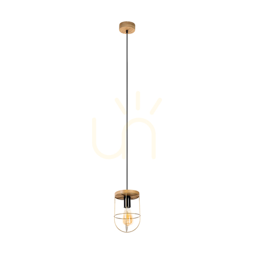 Check Netuno Pendant Light, 1xE27, Max. 60W, Brown-Stained Pine / Black Metal / Black PVC Cable / Gold Metal Shade, Ø15 cm