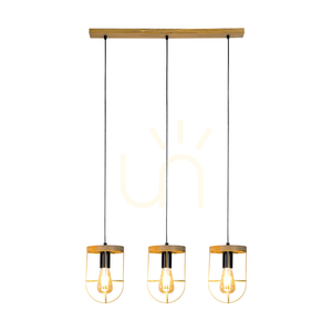 Netuno Pendant Light, 3xE27, Max. 60W, Brown-Stained Pine / Black Metal / Black PVC Cable / Gold Metal Shade, 76 cm small 1