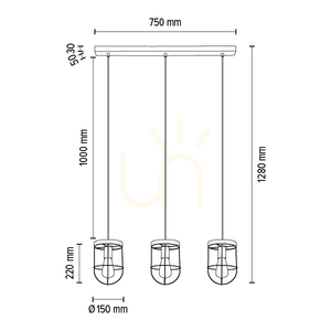 Netuno Pendant Light, 3xE27, Max. 60W, Brown-Stained Pine / Black Metal / Black PVC Cable / Gold Metal Shade, 76 cm small 3