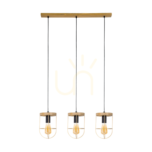 Check Netuno Pendant Light, 3xE27, Max. 60W, Brown-Stained Pine / Black Metal / Black PVC Cable / Gold Metal Shade, 76 cm