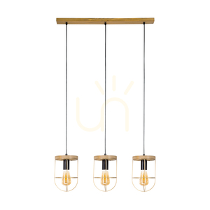 Netuno Pendant Light, 3xE27, Max. 60W, Brown-Stained Pine / Black Metal / Black PVC Cable / Gold Metal Shade, 76 cm small 0