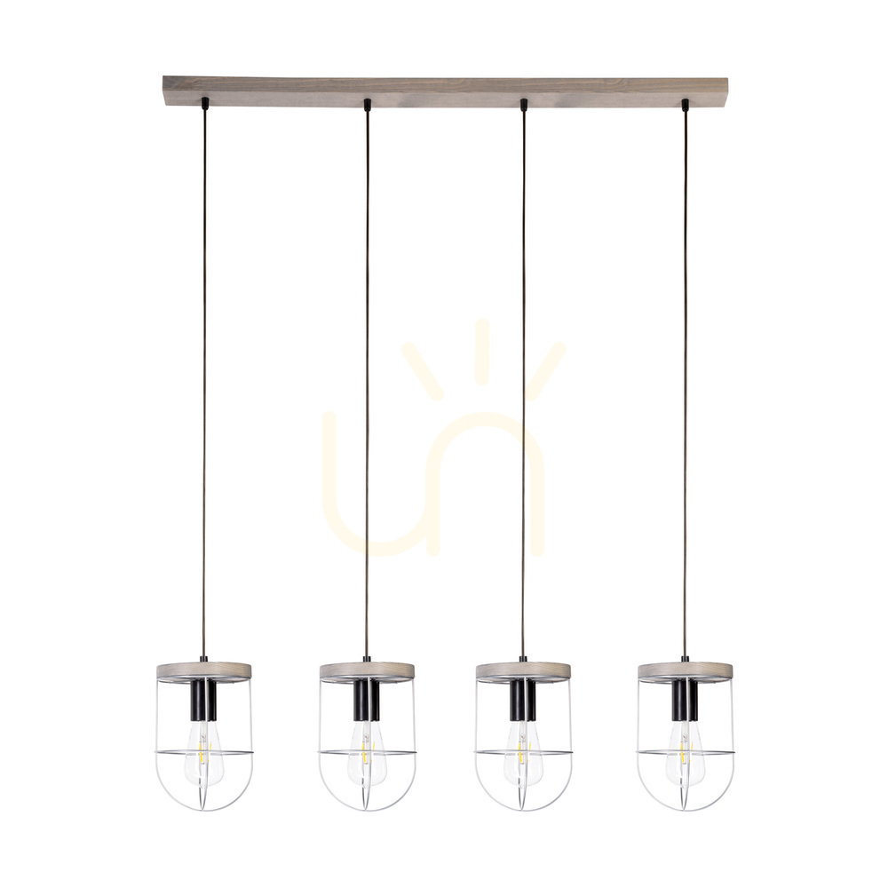 Netuno Pendant Light 4xE27 Max. 60W, Gray-Stained Pine / Black Metal / Black PVC Cable / Silver Metal Shade, 100 cm
