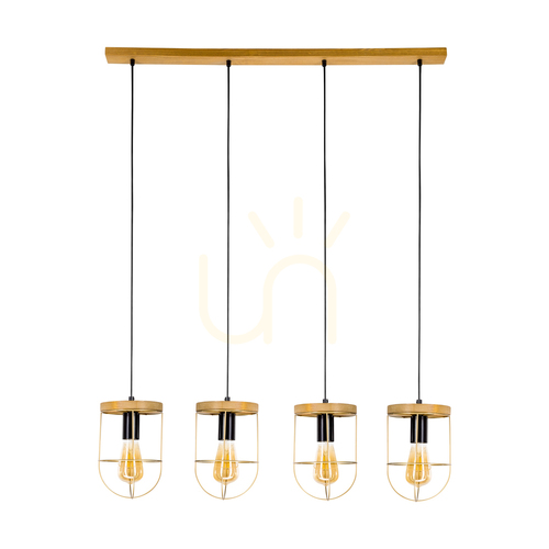 Check Netuno Pendant Light 4xE27 Max. 60W Brown-Stained Pine/Black Metal/Black PVC Cable/Gold Metal Shade 100 cm