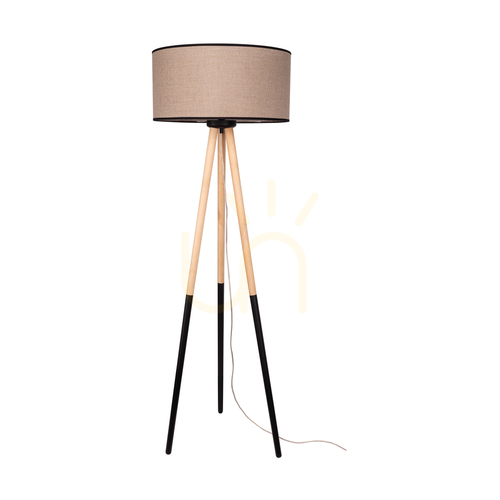 Check Panda Floor Lamp, 1xE27, Max. 60W, Birch-Black/Black, PVC Cable, Beige Linen Lampshade with Black Trim, Ø50 cm