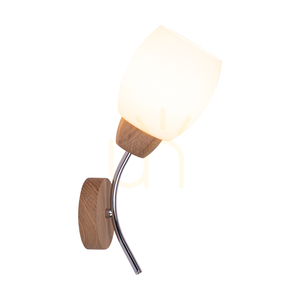 Parma Wood Wall Sconce 1xE27 Max. 60W Oiled Oak/Chrome Metal/White Glass Shade 16 cm small 1