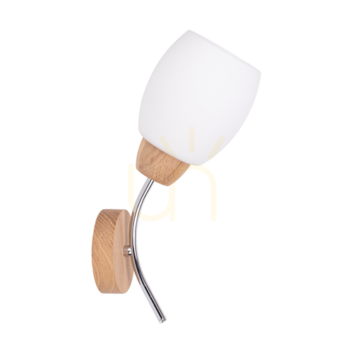 Check Parma Wood Wall Sconce 1xE27 Max. 60W Oiled Oak/Chrome Metal/White Glass Shade 16 cm