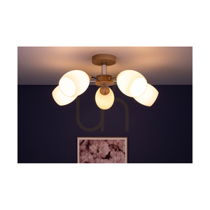 Parma Wood Ceiling Light, 5xE27, Max. 60W, Oiled Oak/Chrome Metal/White Glass Shade, Ø62 cm small 3