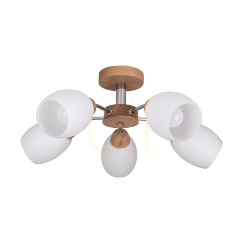 Check Parma Wood Ceiling Light, 5xE27, Max. 60W, Oiled Oak/Chrome Metal/White Glass Shade, Ø62 cm