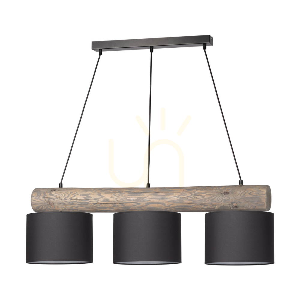 Pino Mix Pendant Light, 3xE27, Max. 40W, Stained Pine, Gray/Black Metal, Black PVC Cable, Anthracite Lampshade, 100 cm