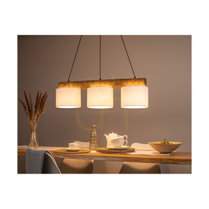 Pino Mix Pendant Light, 3xE27, Max. 40W, Brown-Stained Pine / Black Metal / Black PVC Cable / White Lampshade, 100 cm small 3