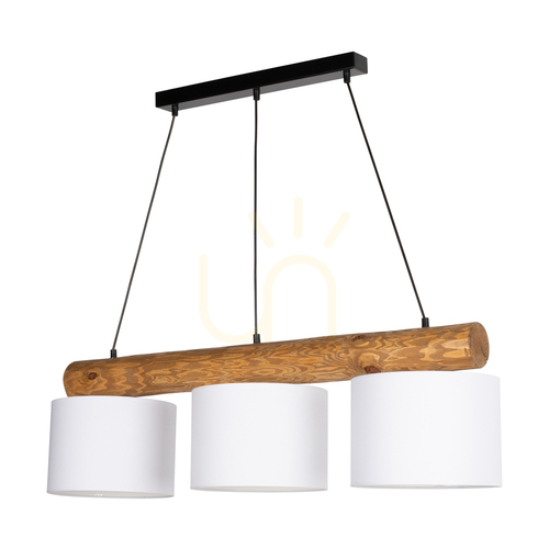 Check Pino Mix Pendant Light, 3xE27, Max. 40W, Brown-Stained Pine / Black Metal / Black PVC Cable / White Lampshade, 100 cm