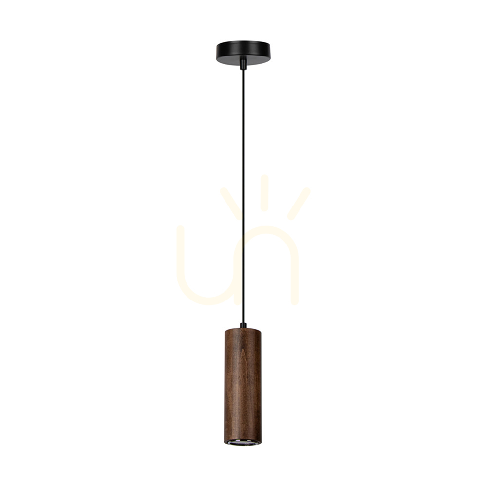 Pipe Pendant Light, Includes 1x GU10 LED (Max. 5W), Beech and Walnut Wood / Black Metal / Black PVC Cable, Ø 10 cm