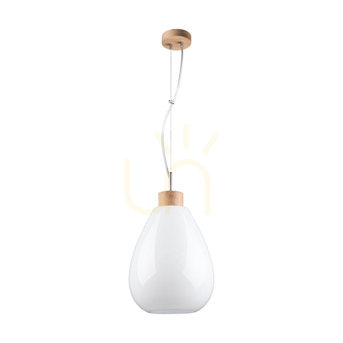 Check Piro Pendant Light, 1xE27, Max. 60W, Oiled Oak / Transparent PVC Cable / White Glass Shade, Ø25 cm