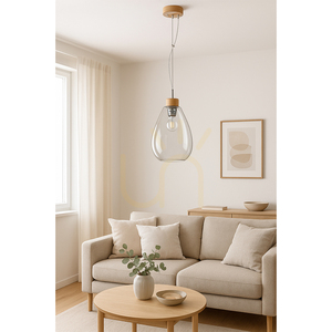Piro Pendant Light, 1xE27, Max. 60W, Oiled Oak / Transparent PVC Cable / Transparent Glass Shade, Ø25 cm small 1