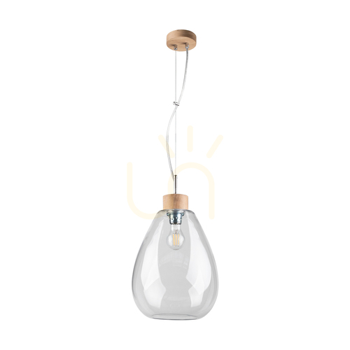 Check Piro Pendant Light, 1xE27, Max. 60W, Oiled Oak / Transparent PVC Cable / Transparent Glass Shade, Ø25 cm