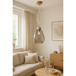 Piro Pendant Light, 1xE27, Max. 60W, Oiled Oak / Transparent PVC Cable / Smoked Glass Shade, Ø25 cm small 1