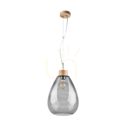 Check Piro Pendant Light, 1xE27, Max. 60W, Oiled Oak / Transparent PVC Cable / Smoked Glass Shade, Ø25 cm