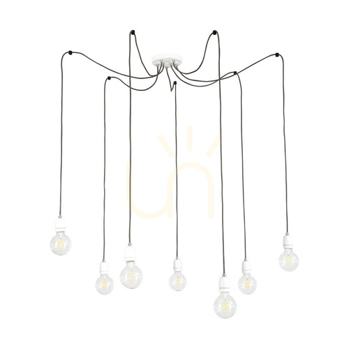 Check Porcia Pendant Light, 7xE27, Max. 60W, White Metal/Anthracite Braided Cable/White Ceramic, Ø15 cm