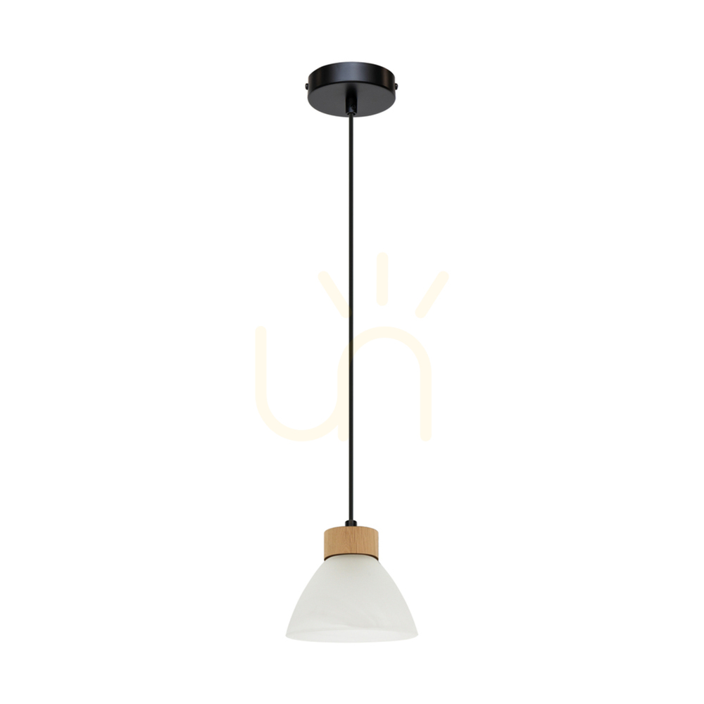 Prahas Pendant Light, 1xE14, Max. 40W, Oiled Oak/Black Metal/Black PVC Cable/White Glass Shade, Ø14 cm
