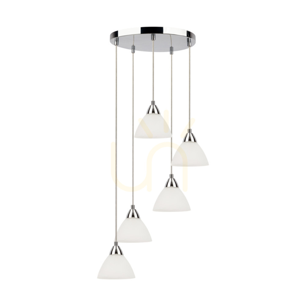 Prahas Pendant Light, 5xE14, Max. 40W, Chrome Metal / Transparent PVC Cable / White Glass Shade, Ø42 cm