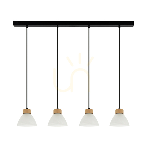 Check Prahas Pendant Light 4xE14 Max. 40W Oiled Oak/Black Metal/Black PVC Cable/White Glass Shade 75 cm
