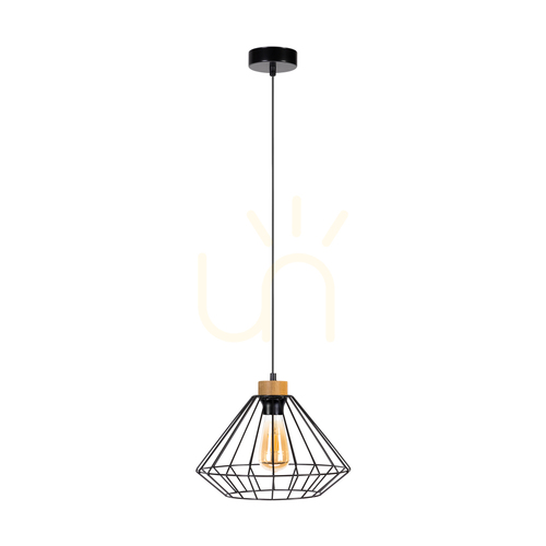 Check Raquelle Pendant Light, 1xE27, Max. 60W, Oiled Oak/Black Metal/Black PVC Cable/Black Metal Shade, Ø30 cm