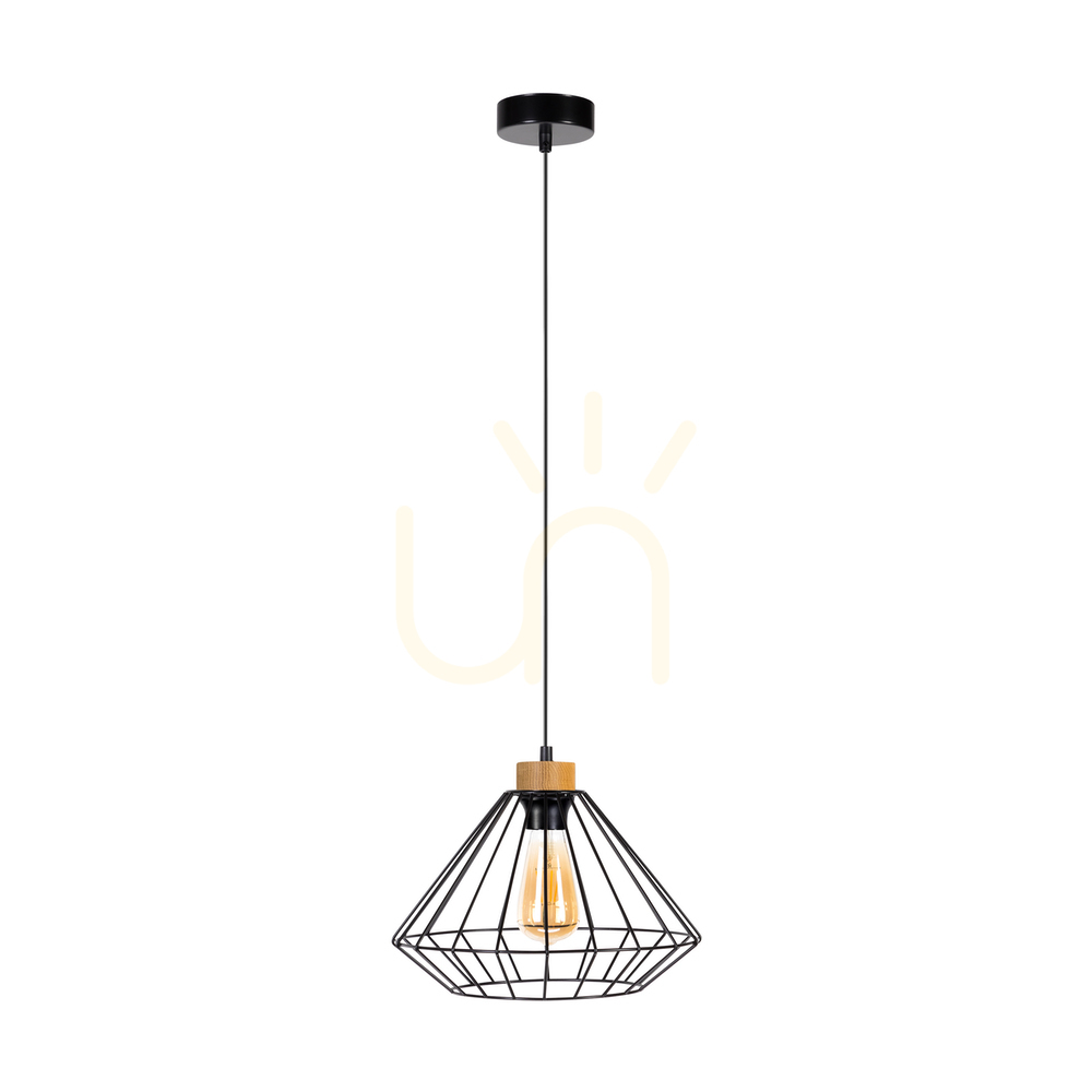 Raquelle Pendant Light, 1xE27, Max. 60W, Oiled Oak/Black Metal/Black PVC Cable/Black Metal Shade, Ø30 cm