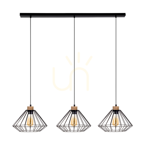 Check Raquelle Pendant Light, 3xE27, Max. 60W, Oiled Oak/Black Metal/Black PVC Cable/Black Metal Shade, 117 cm