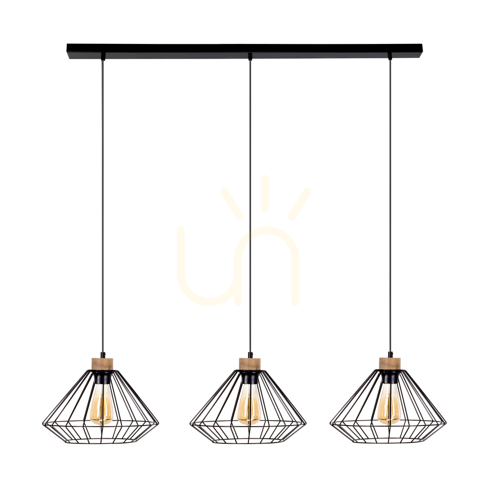 Raquelle Pendant Light, 3xE27, Max. 60W, Oiled Oak/Black Metal/Black PVC Cable/Black Metal Shade, 117 cm