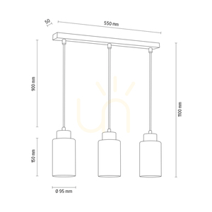 Ravio Pendant Light, 3xE27, Max. 60W, Black Metal/Transparent PVC Cable/White and Black Glass Shade, 55 cm small 3