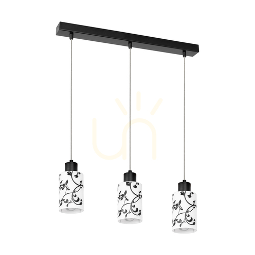 Check Ravio Pendant Light, 3xE27, Max. 60W, Black Metal/Transparent PVC Cable/White and Black Glass Shade, 55 cm