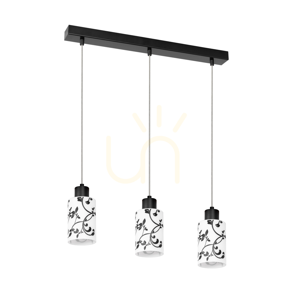 Ravio Pendant Light, 3xE27, Max. 60W, Black Metal/Transparent PVC Cable/White and Black Glass Shade, 55 cm