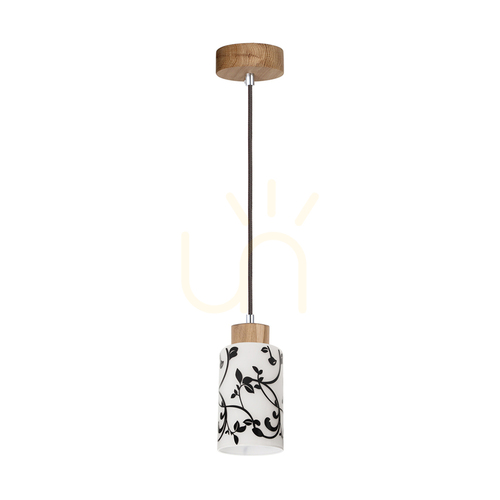 Check Ravio Pendant Light, 1xE27, Max. 60W, Birch/Black, PVC Cable, White and Black Glass Shade, Ø10 cm